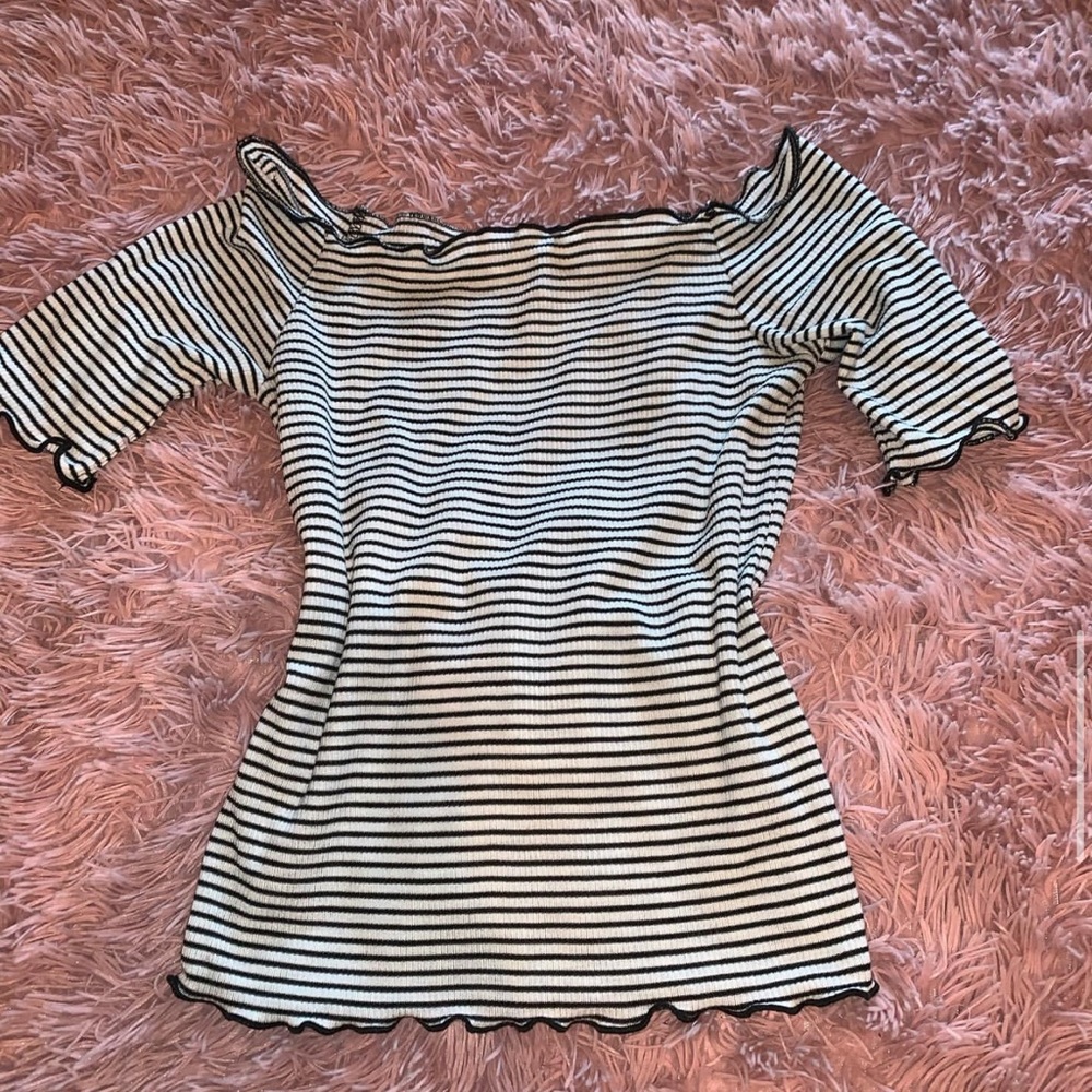 Black and white stripped off the shoulder top